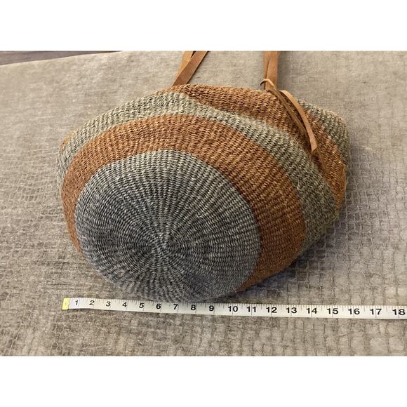 Vtg Woven Jute Leather Strap Straw Sisal Market Round Tote Shoulder Bag Purse - Picture 9 of 12